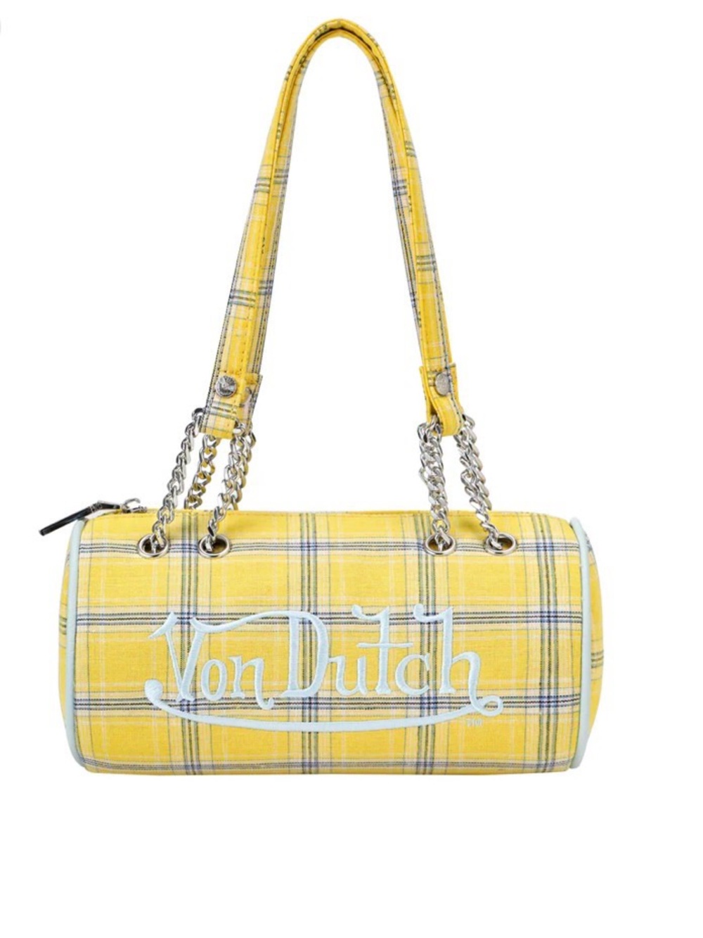Von Dutch Yellow Plaid Barrel Bag with Chain Straps (MSRP $99) with dust bag